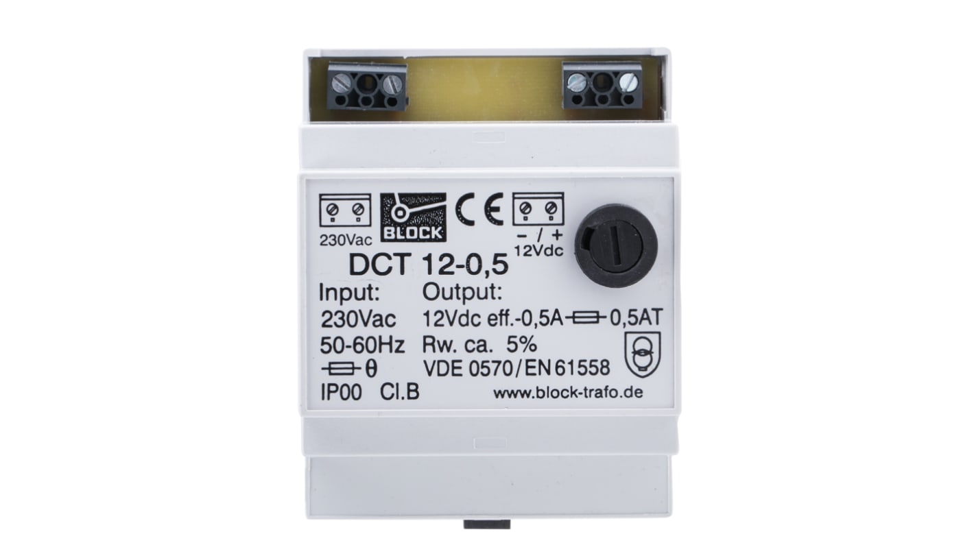 Fuente de alimentación de carril DIN Block DCT, 1 salida 12V dc 500mA 6W