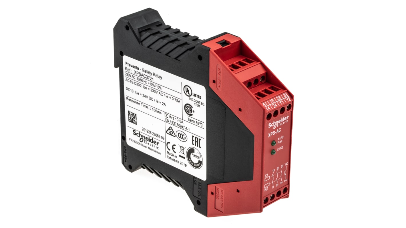 Schneider Electric XPS AC Sicherheitsrelais, 230V ac, 3 Sicherheitskontakte Not-Aus, 1 Hilfsschalter, 4 ISO 13849-1 3