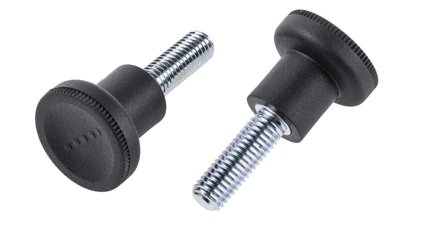 RS PRO Black Knurled Clamping Knob, M10, Threaded Stud