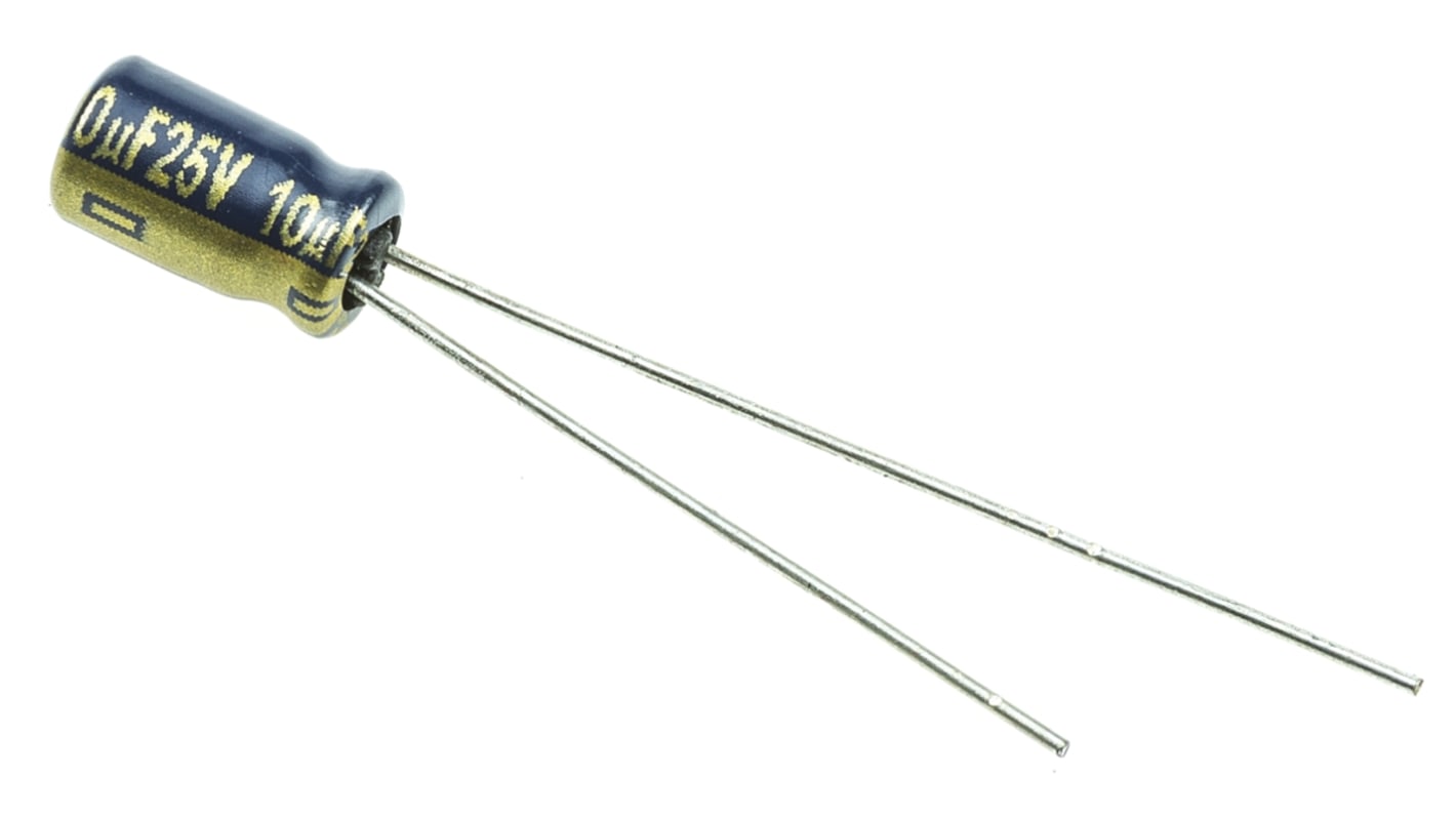 Condensador electrolítico Panasonic serie FC Radial, 10μF, ±20%, 25V dc, Radial, Orificio pasante, 4 (Dia.) x 7mm, paso