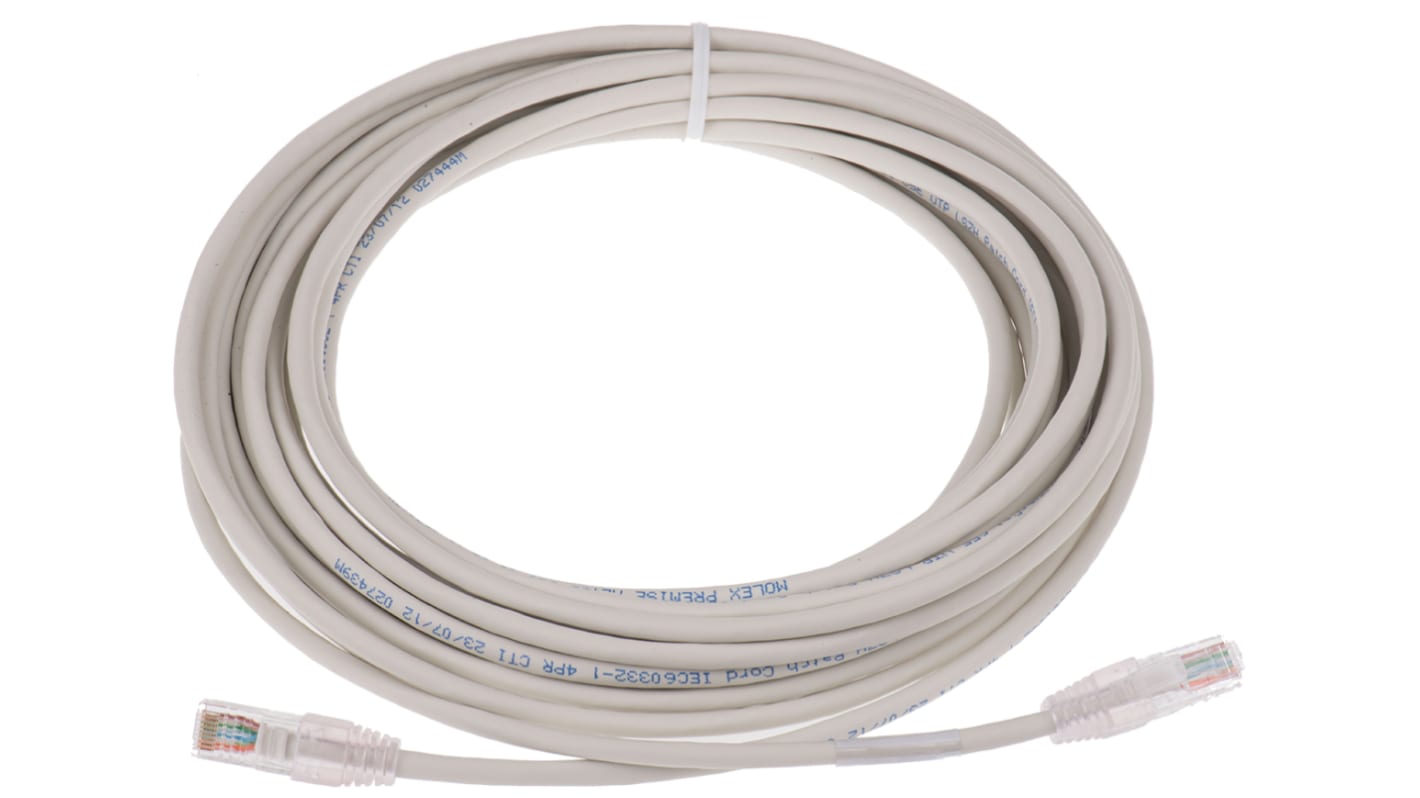 Molex Premise Networks Cat5e Straight Male RJ45 to Straight Male RJ45 Ethernet Cable, U/UTP, Grey PVC Sheath, 10m