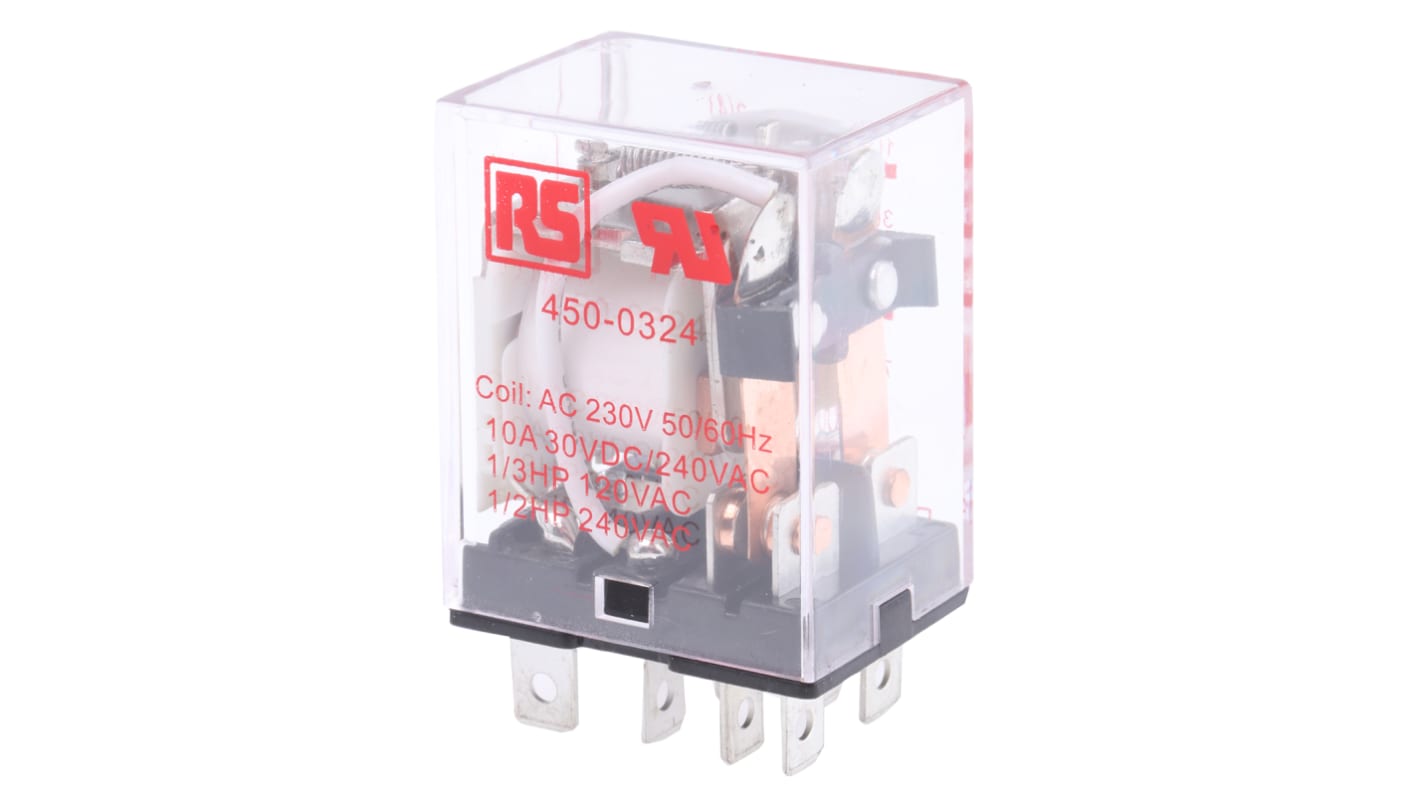 RS PRO Plug In Power Relay, 230V ac Coil, 10A Switching Current, DPDT