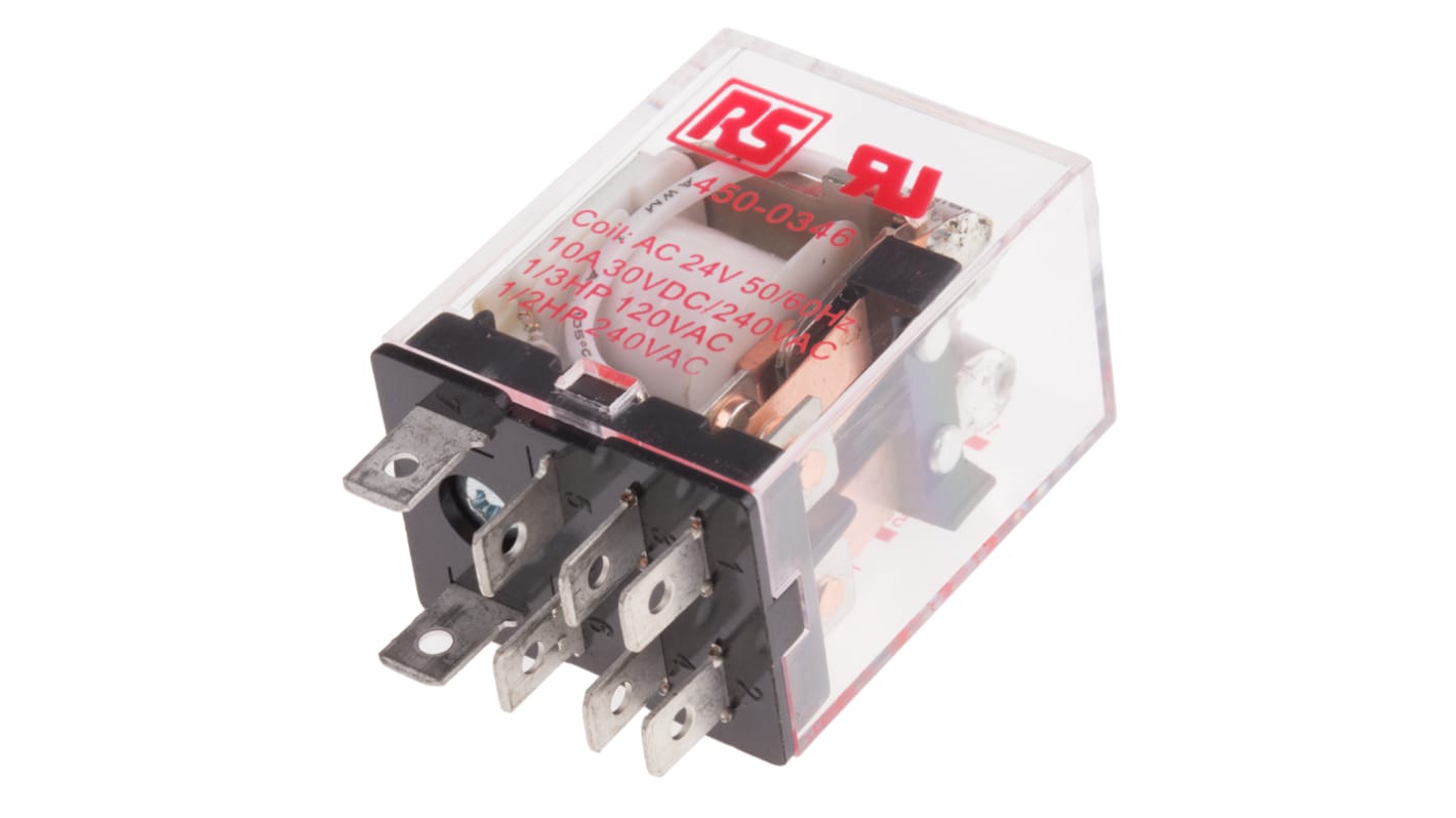 RS PRO Plug In Power Relay, 24V ac Coil, 10A Switching Current, DPDT