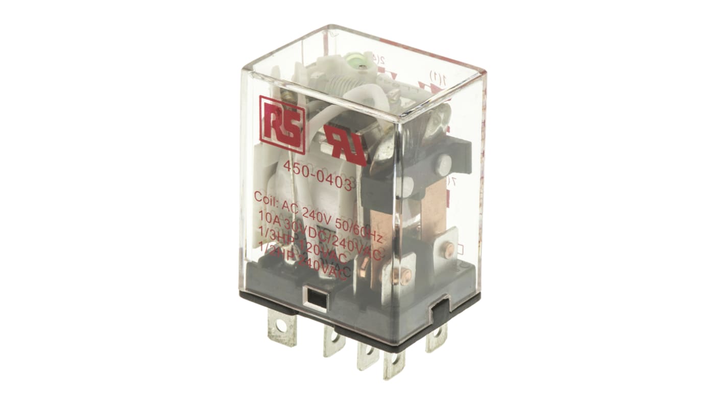 RS PRO Plug In Power Relay, 240V ac Coil, 10A Switching Current, DPDT