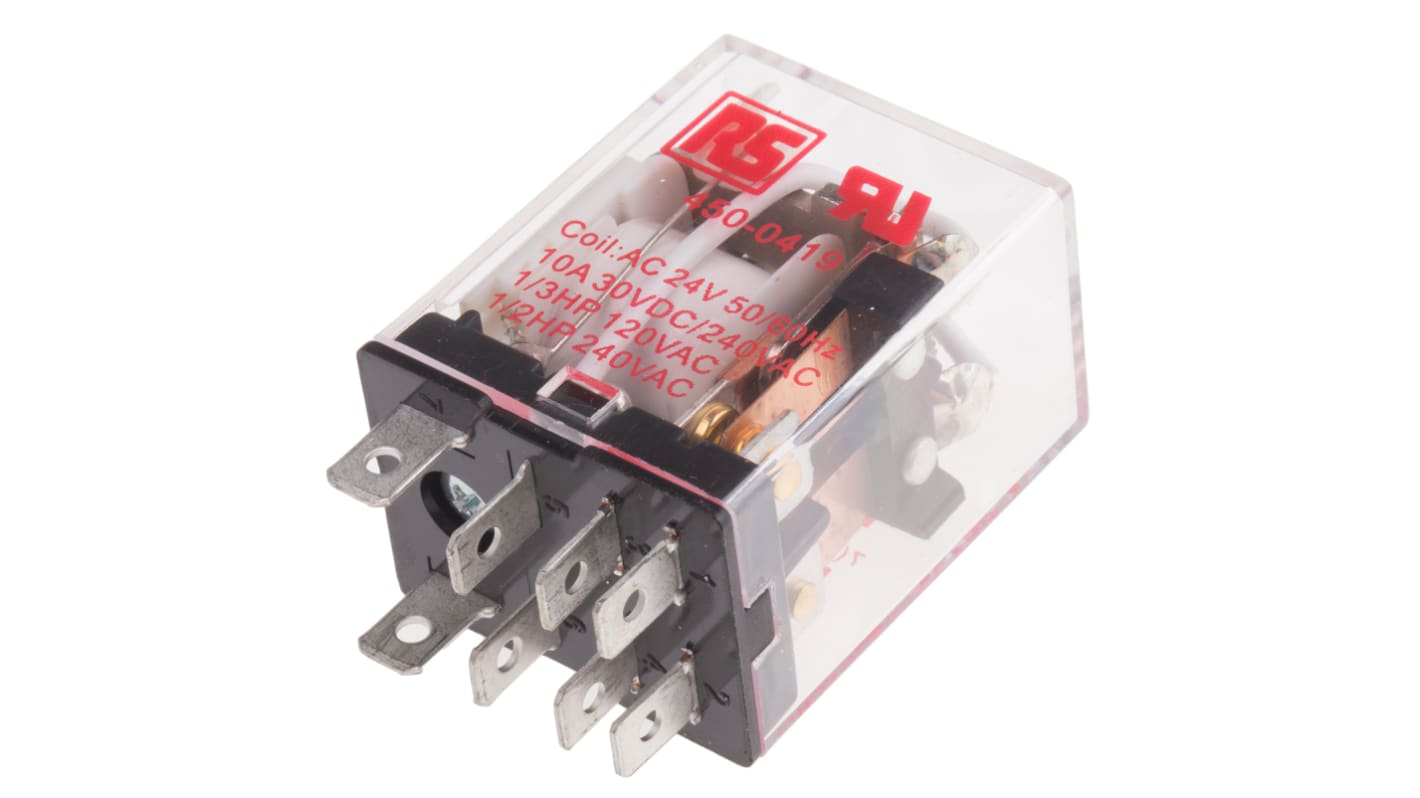 RS PRO Plug In Power Relay, 24V ac Coil, 10A Switching Current, DPDT