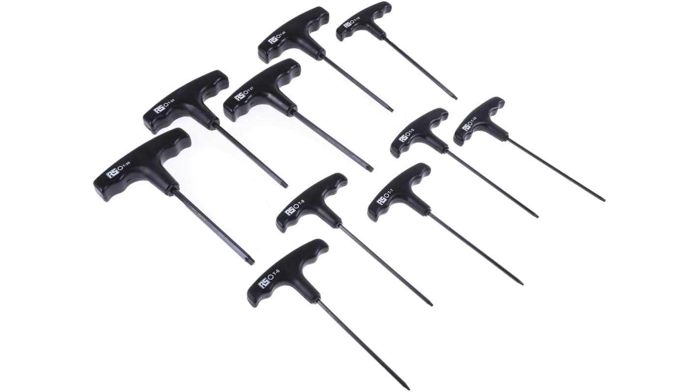 RS PRO Torx kulcskészlet, 10 darabos T6; T7; T8; T9; T10; T15; T20; T25; T27; T30, T alakú Hosszú karral