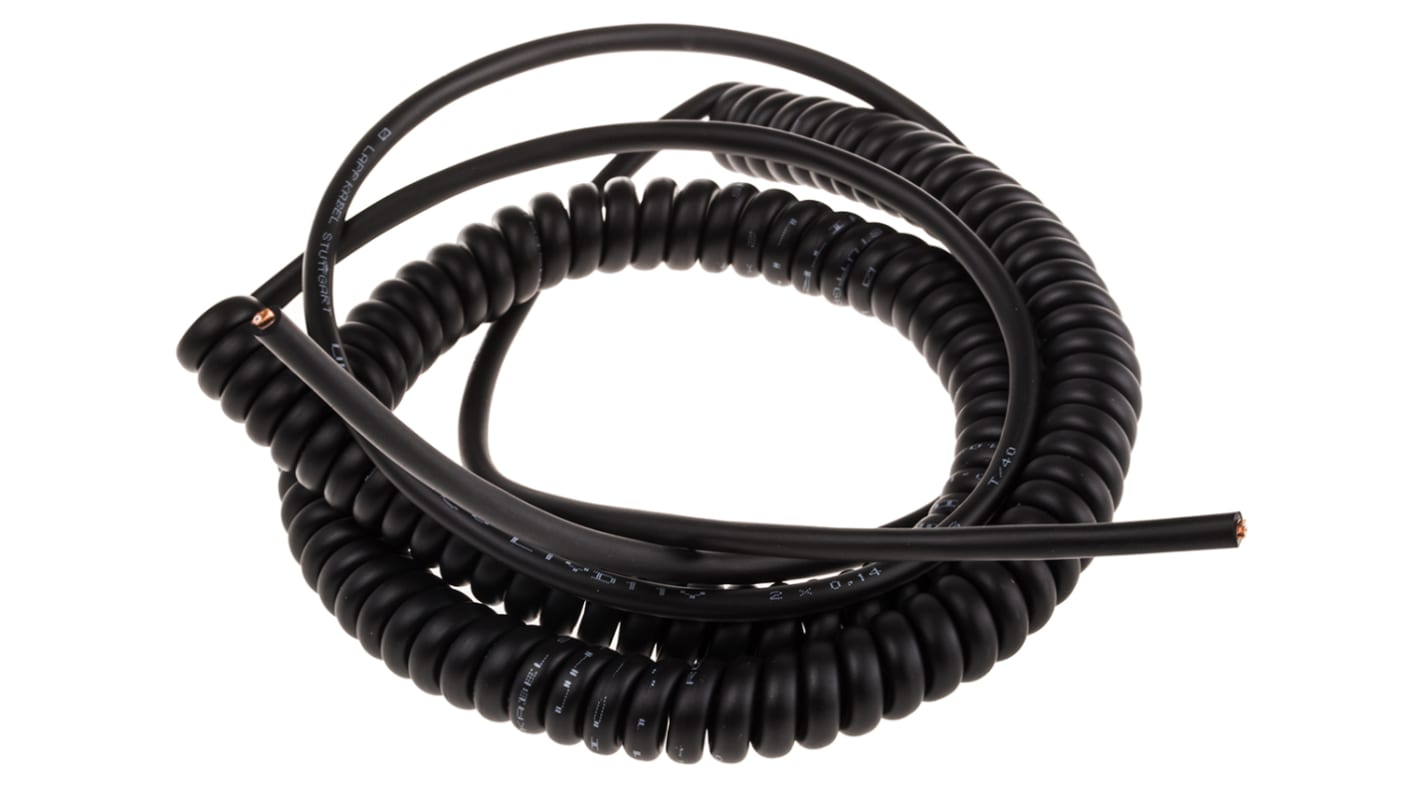 500mm 2 Core Coiled Cable 0.14 mm² CSA Polyurethane PUR Sheath Black, 4mm OD