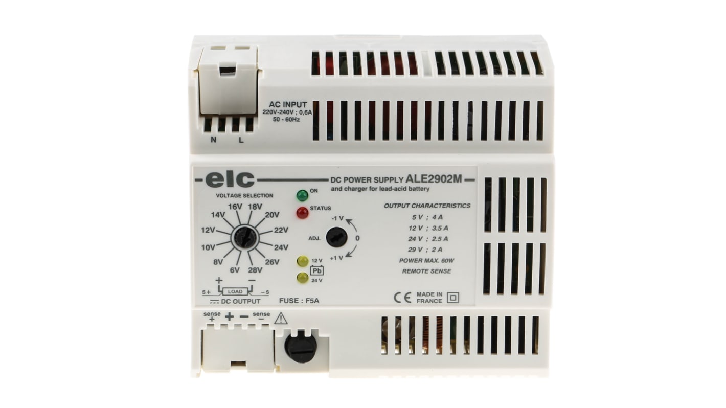 ELC ALE Schaltend DIN-Schienen Netzteil 60W, 230V ac, 5 V c.c., 10 V c.c., 12 V c.c., 15 V c.c., 24V dc / 4A