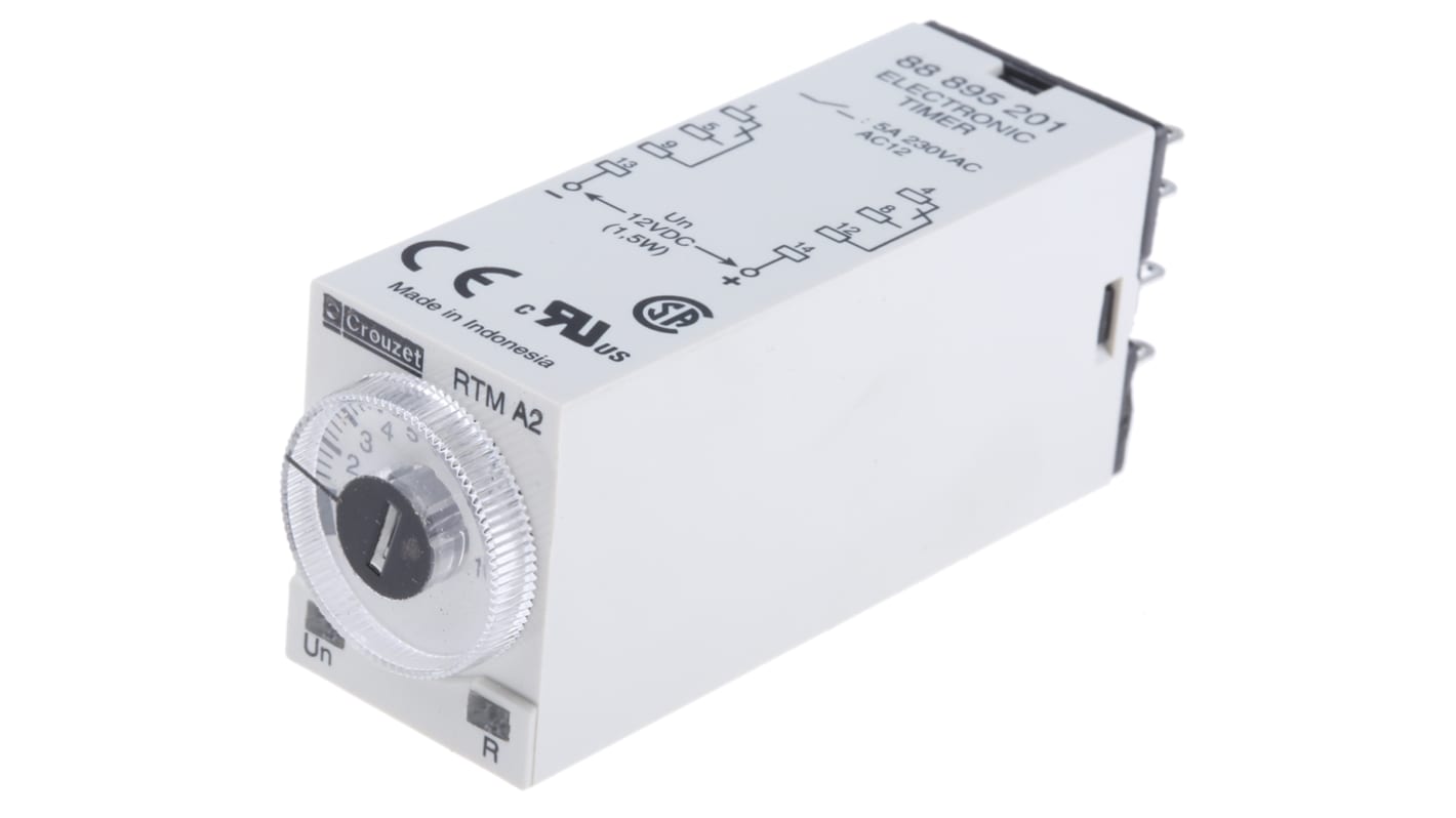 Crouzet DIN Rail Mount Timer Relay, 12V dc, 2-Contact, 0.1 s → 1h, 1-Function, DPDT