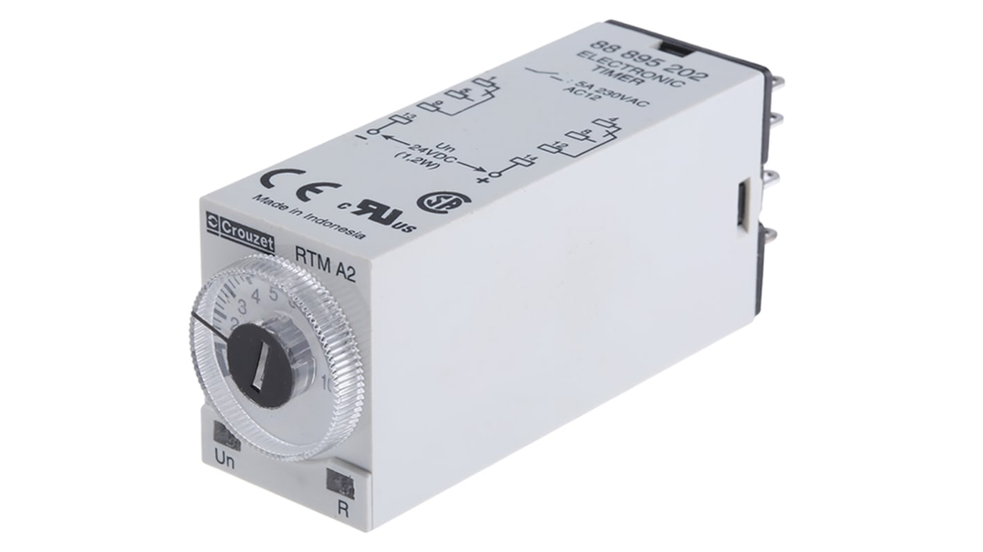 Crouzet DIN Rail Mount Timer Relay, 24V dc, 2-Contact, 0.1 s → 1h, 1-Function, DPDT