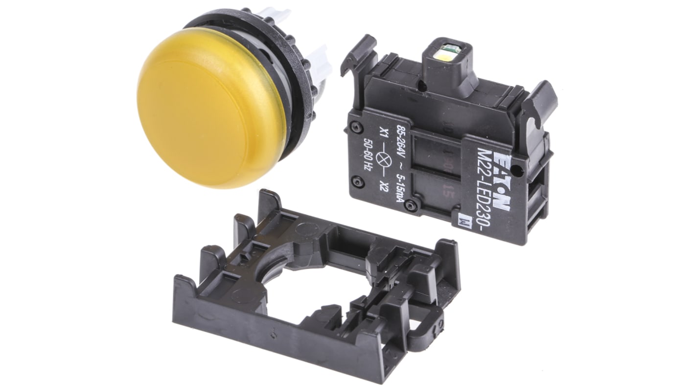 Eaton, RMQ Titan M22, Flush Mount, Rear, Surface Mount Yellow LED Pilot Light, 22mm Cutout, IP69K, Round, 12 →