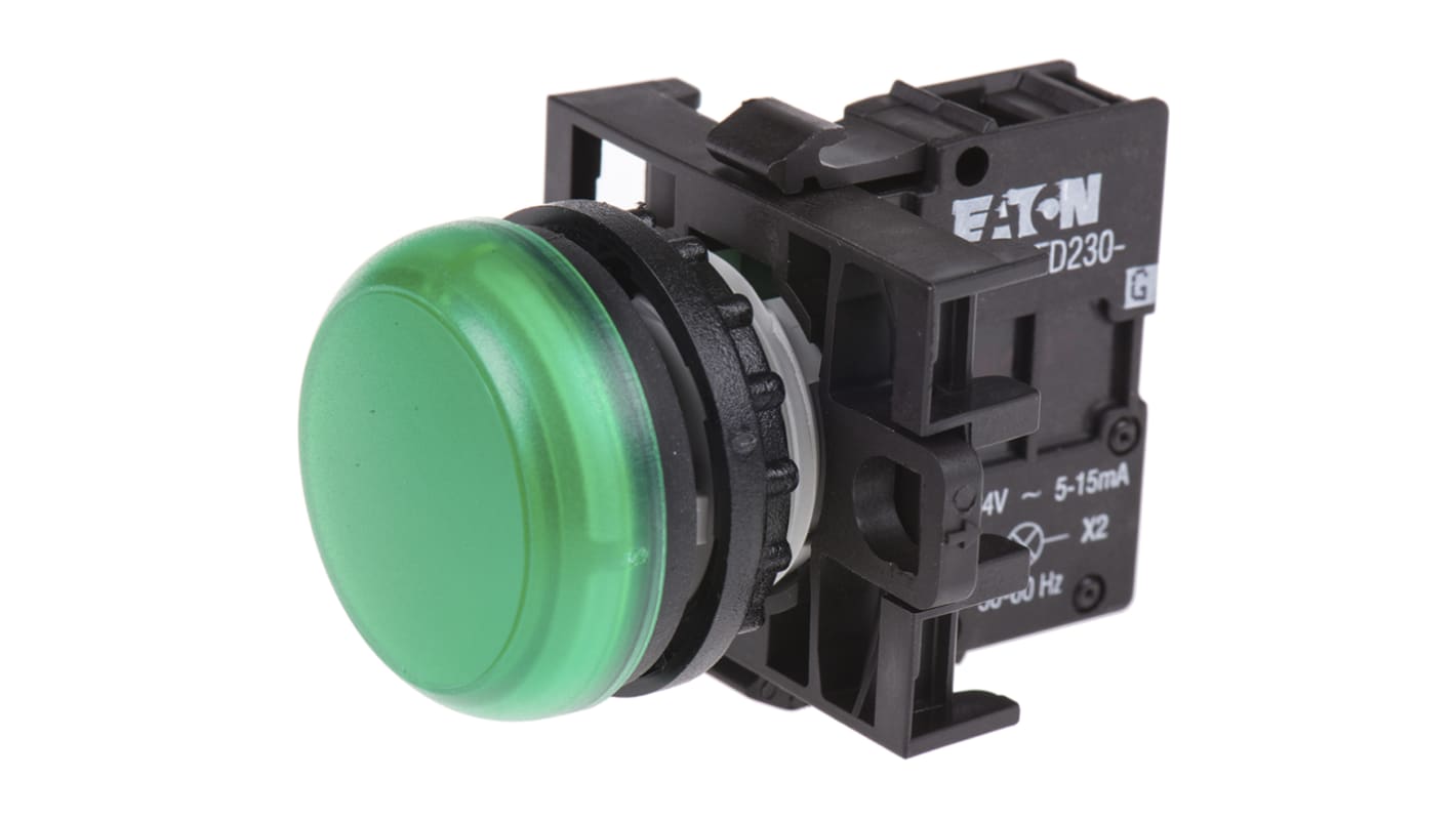 Voyant lumineux LED Eaton Vert 85 → 264V c.a., Ø découpe 22mm, Montage encastré, Arrière, En surface, Eaton