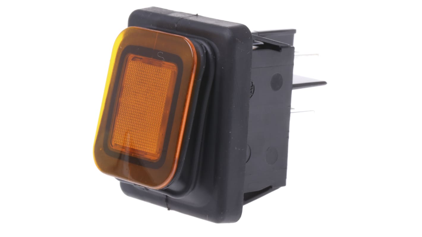 Interruptor de balancín, DPST AMBER ILLUM ROCKER SWITCH, IP65, Contacto DPST, On-Off, 16 A, Iluminado, Ámbar, IP65 230V