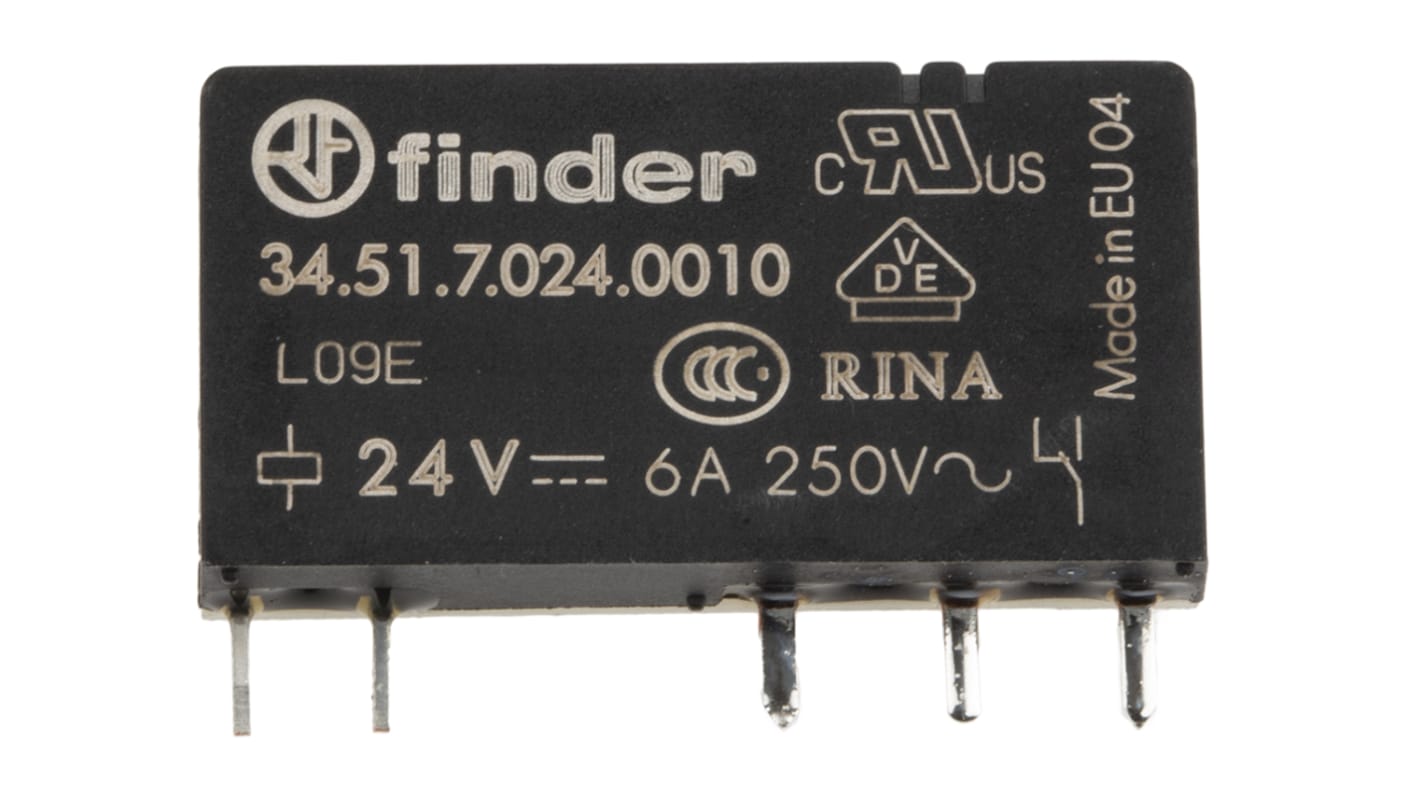 Relé de potencia sin enclavamiento Finder 34 Series de 1 polo, SPDT, bobina 24V dc, 6A, Montaje en PCB