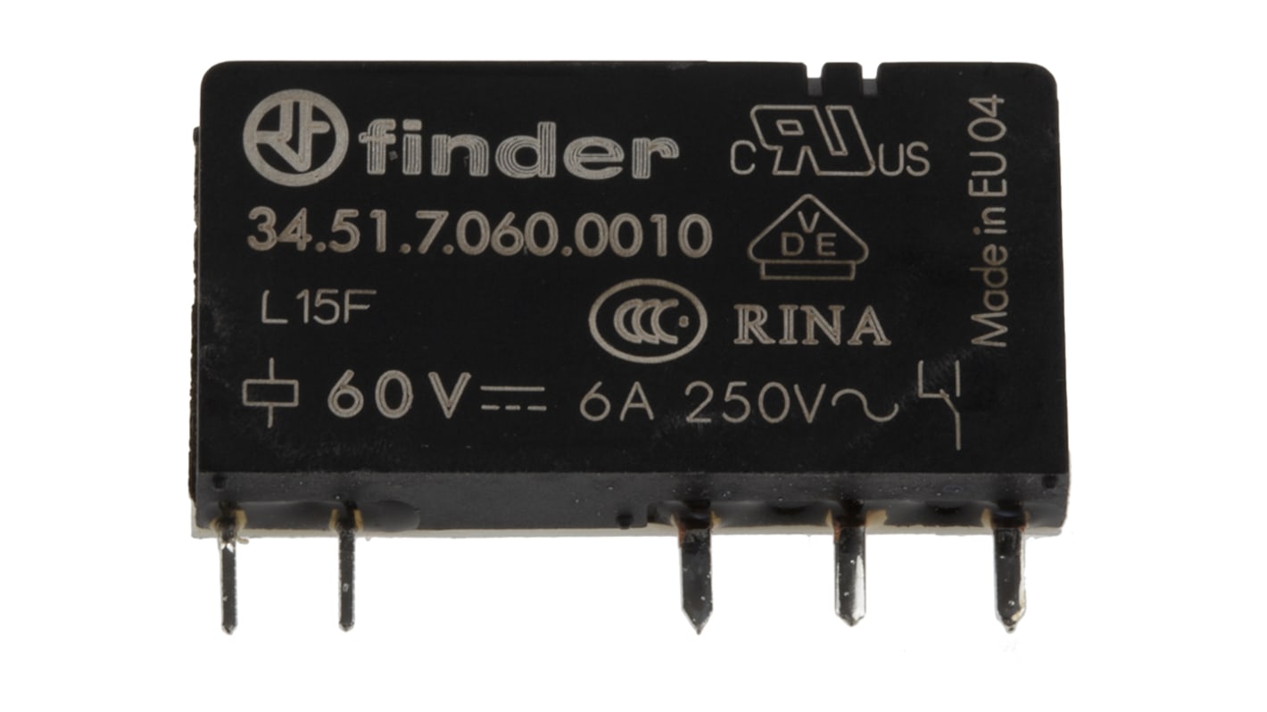 Relé de potencia sin enclavamiento Finder 34 Series de 1 polo, SPDT, bobina 60V dc, 6A, Montaje en PCB