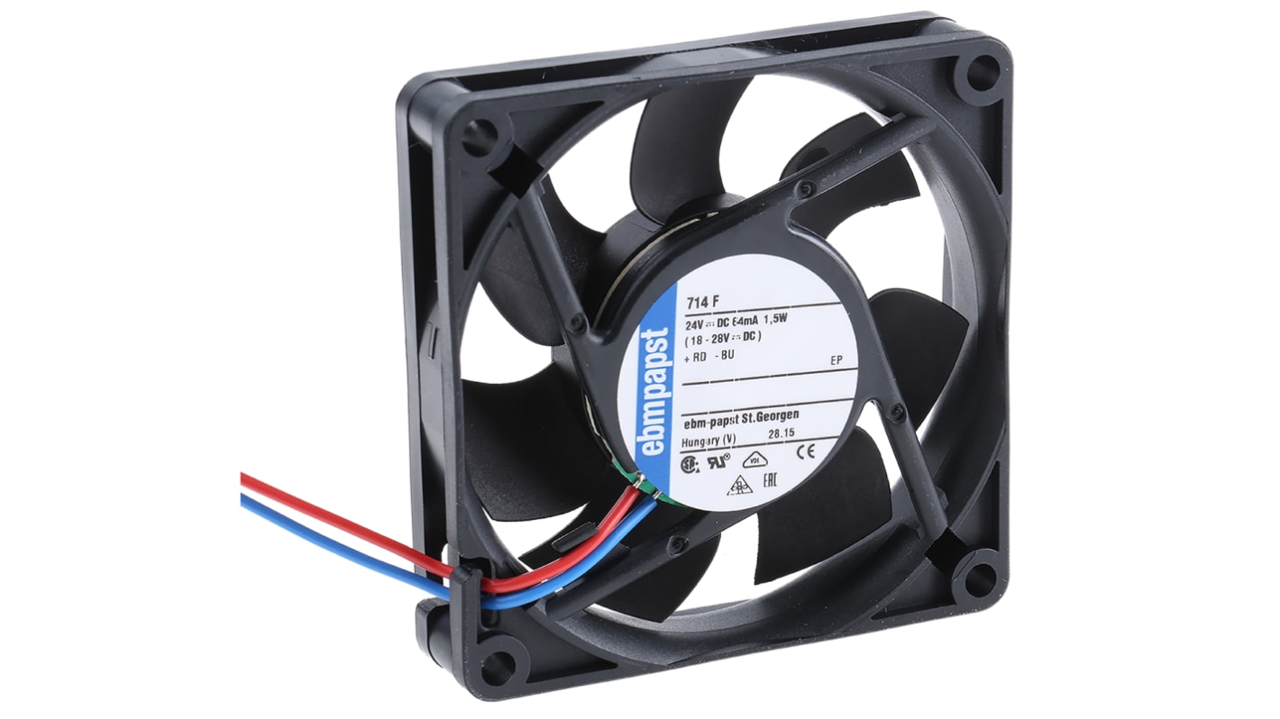 ebm-papst 700 F Series Axial Fan, 24 V dc, DC Operation, 44m³/h, 1.5W, 63mA Max, 70 x 70 x 15mm