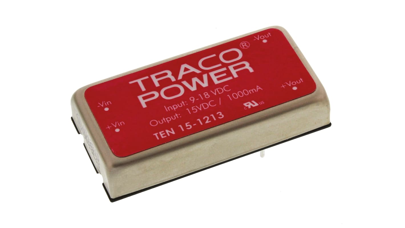 TRACOPOWER TEN 15 DC/DC-Wandler 15W 12 V dc IN, 15V dc OUT / 1A Durchsteckmontage 1.5kV dc isoliert