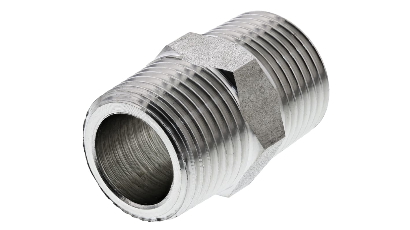 Legris Stainless Steel Pipe Fitting, Straight Hexagon Coupler, Male R 3/8in x Male R 3/8in