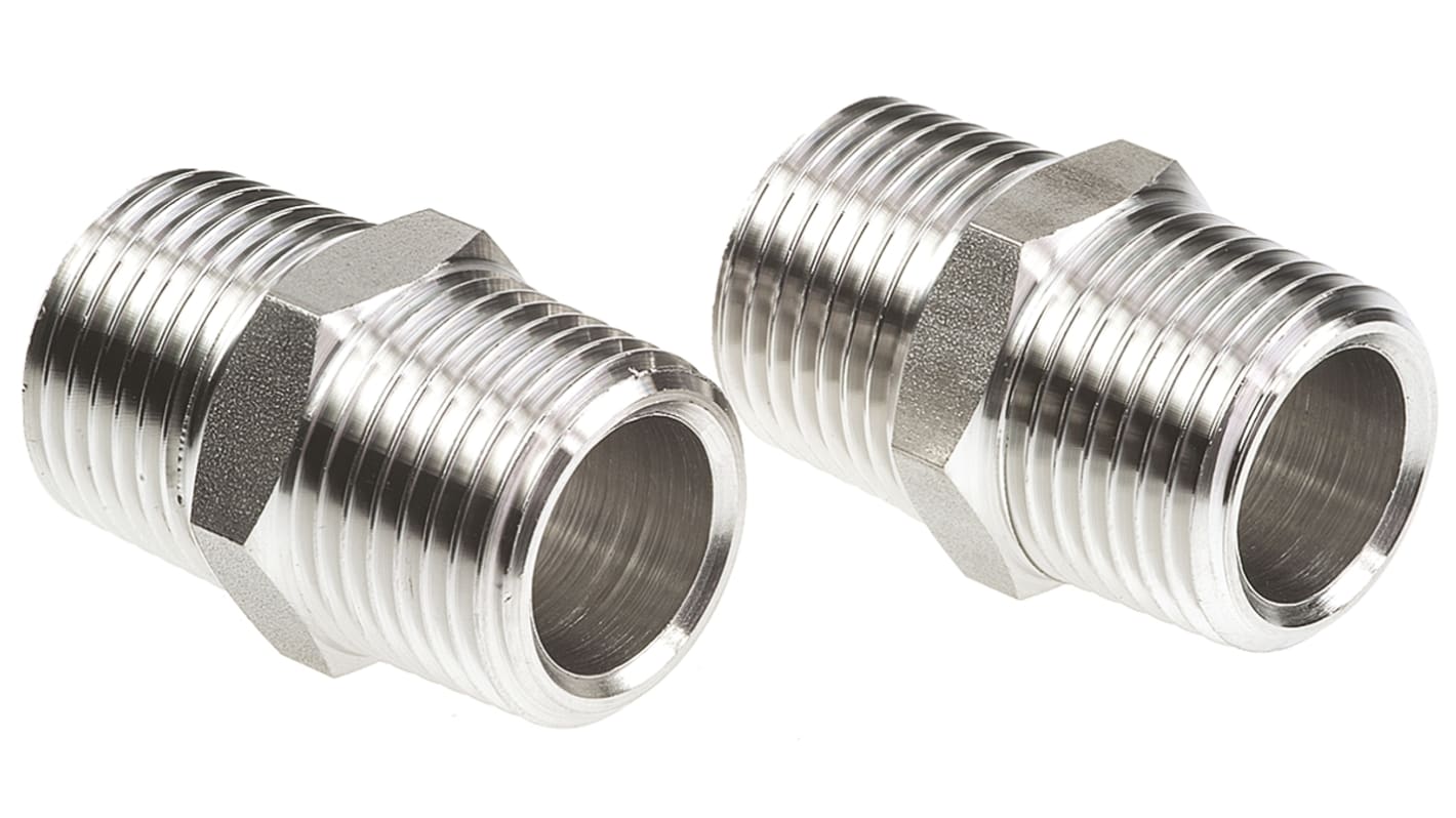 Legris Stainless Steel Pipe Fitting, Straight Hexagon Coupler, Male R 1/2in x Male R 1/2in