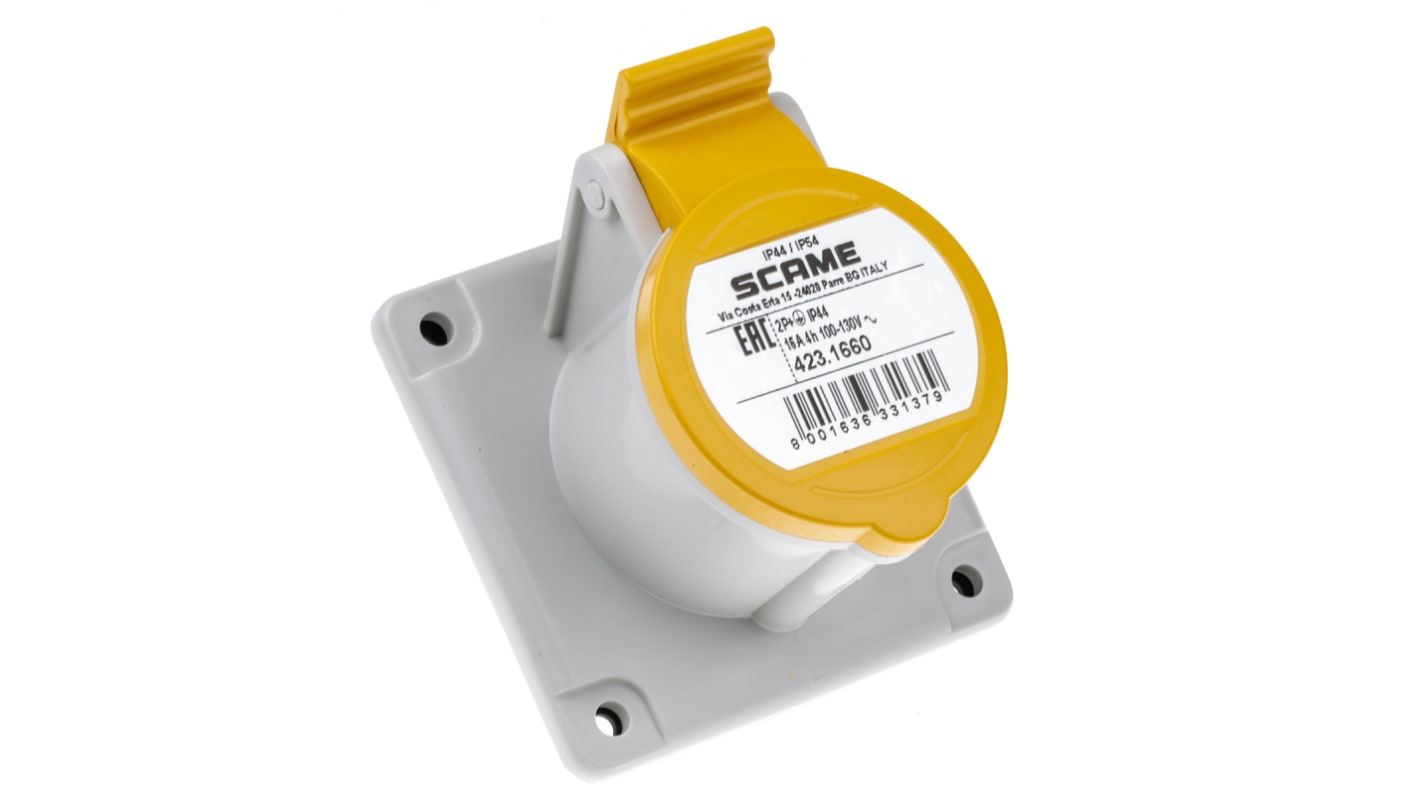 Scame IP44 Yellow Panel Mount 2P + E Industrial Power Socket, Rated At 16A, 110 V