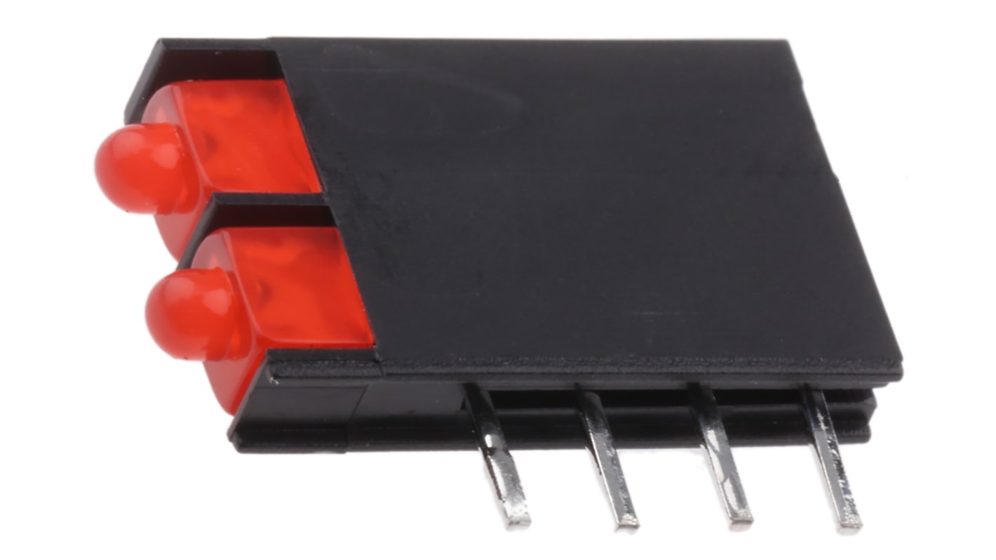 Indicador LED para PCB a 90º Kingbright Rojo, λ 625 nm, 2 LEDs, 2,5 V, 70 °, dim. 15.24 x 2.5 x 8.6mm, mont. pasante