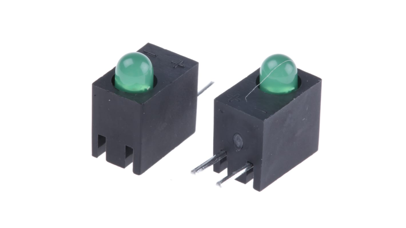 Indicador LED para PCB a 90º Kingbright Verde, λ 568 nm, 1 LED, 2,5 V, 60 °, dim. 8.75 x 4.6 x 7.3mm, mont. pasante