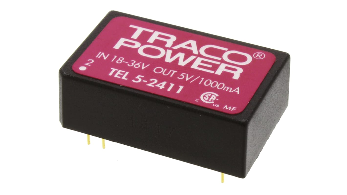 TRACOPOWER TEL 5 DC-DC Converter, 5V dc/ 1A Output, 18 → 36 V dc Input, 5W, Through Hole, +85°C Max Temp -40°C
