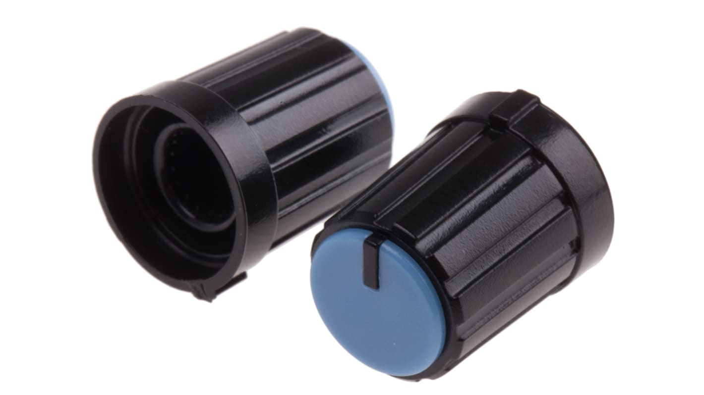Mando de potenciómetro RS PRO 15.3mm, eje 6mm, diámetro 13.3mm, Color Negro, indicador Azul Circular