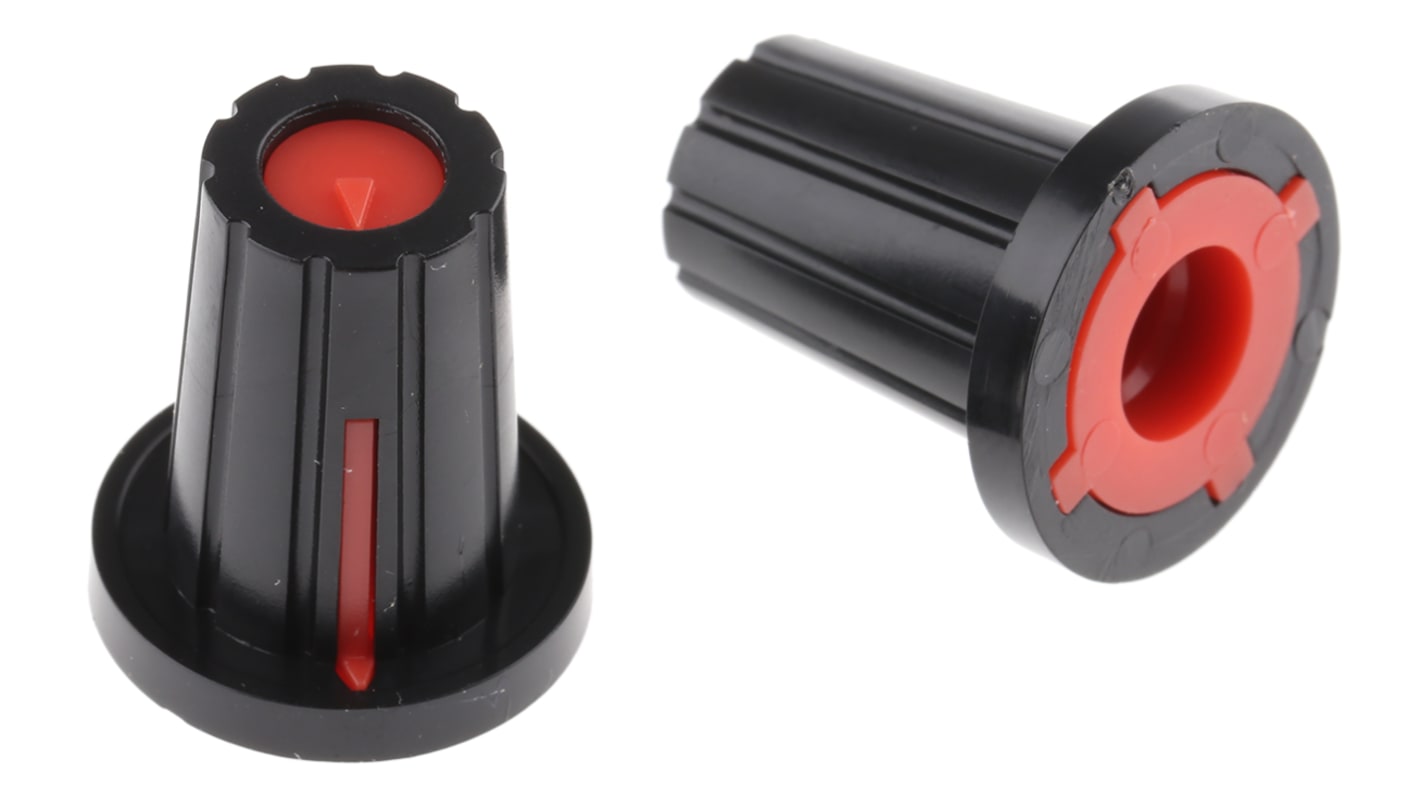 RS PRO Fekete Potenciométer gomb Vörös színű jelzőfénnyel 15.3mm, 6mm tengellyel, forgatógomb Ø: 17mm D-alakú