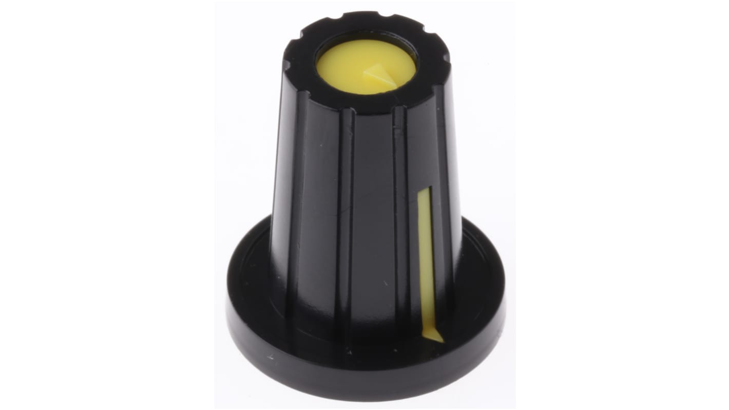 Mando de potenciómetro RS PRO, eje 6.4mm, diámetro 17mm, Color Negro, indicador Amarillo Con forma de D