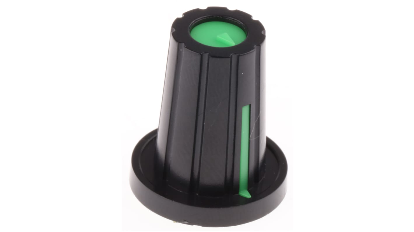 Mando de potenciómetro RS PRO, eje 6.4mm, diámetro 17mm, Color Negro, indicador Verde Con forma de D