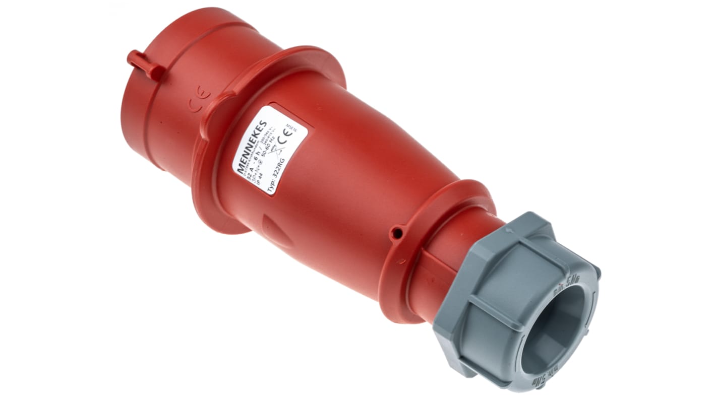 MENNEKES IP44 Red Cable Mount 3P + N + E Industrial Power Plug, Rated At 32A, 400 V,With Phase Inverter