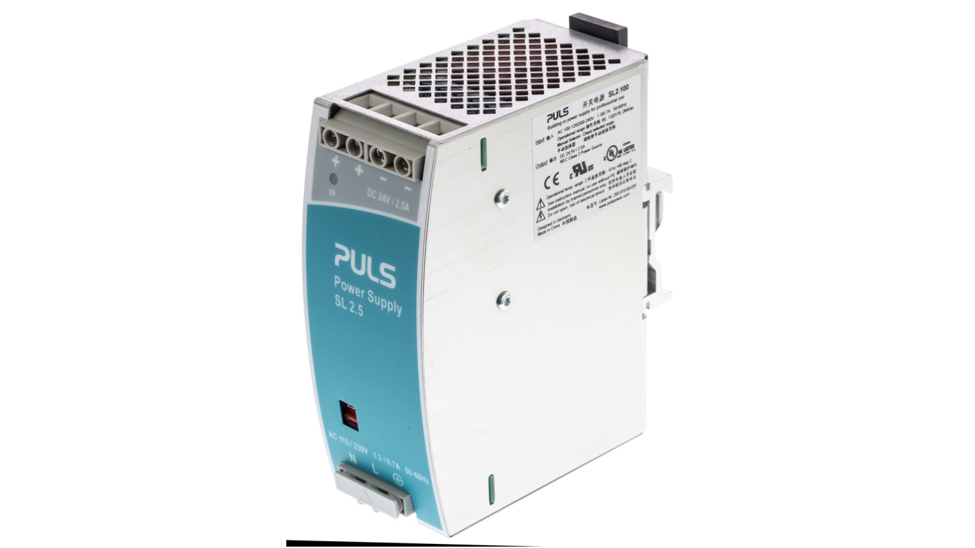 PULS Switch Mode DIN Rail Power Supply, 100 → 120V ac ac, dc Input, 24V dc dc Output, 2.5A Output, 60W