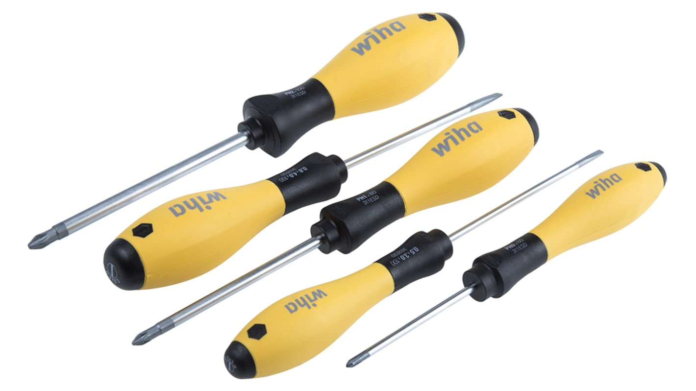 Wiha Tools Phillips, Slotted Screwdriver Set, 5-Piece, ESD-Safe