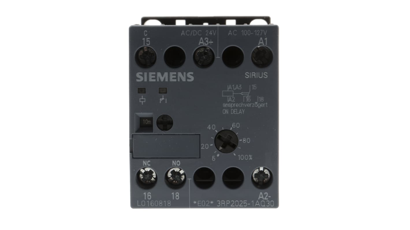 Siemens DIN Rail Mount Timer Relay, 100 → 127 V ac, 24V ac/dc, 1-Contact, 0.05 → 100 h, 0.05 → 100