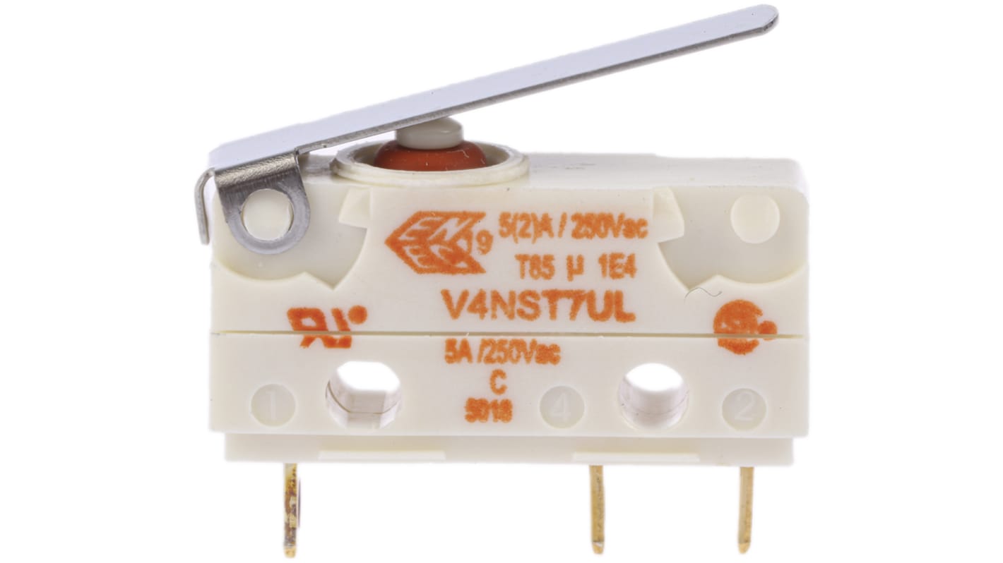 Saia-Burgess Mikroschalter Kurzer Hebel-Betätiger Lötanschluss, 5 A @ 250 V ac, SPDT IP 67 0,9 N -40°C - +85°C