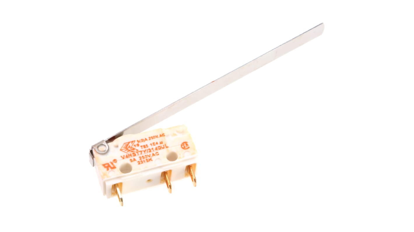 Saia-Burgess Long Hinge Lever Micro Switch, Solder Terminal, 5 A @ 250 V ac, SPDT, IP67