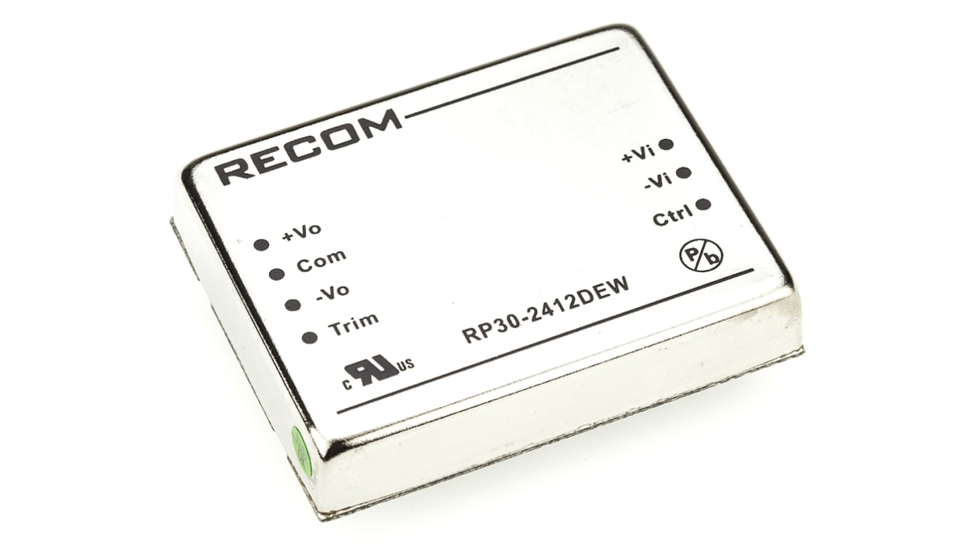 Recom RP30-EW DC-DC Converter, ±12V dc/ ±1.25A Output, 10 → 40 V dc Input, 30W, Through Hole, +85°C Max Temp