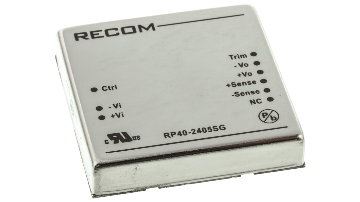 Recom RP40-G DC-DC Converter, 5V dc/ 8A Output, 18 → 36 V dc Input, 40W, Through Hole, +85°C Max Temp -40°C Min