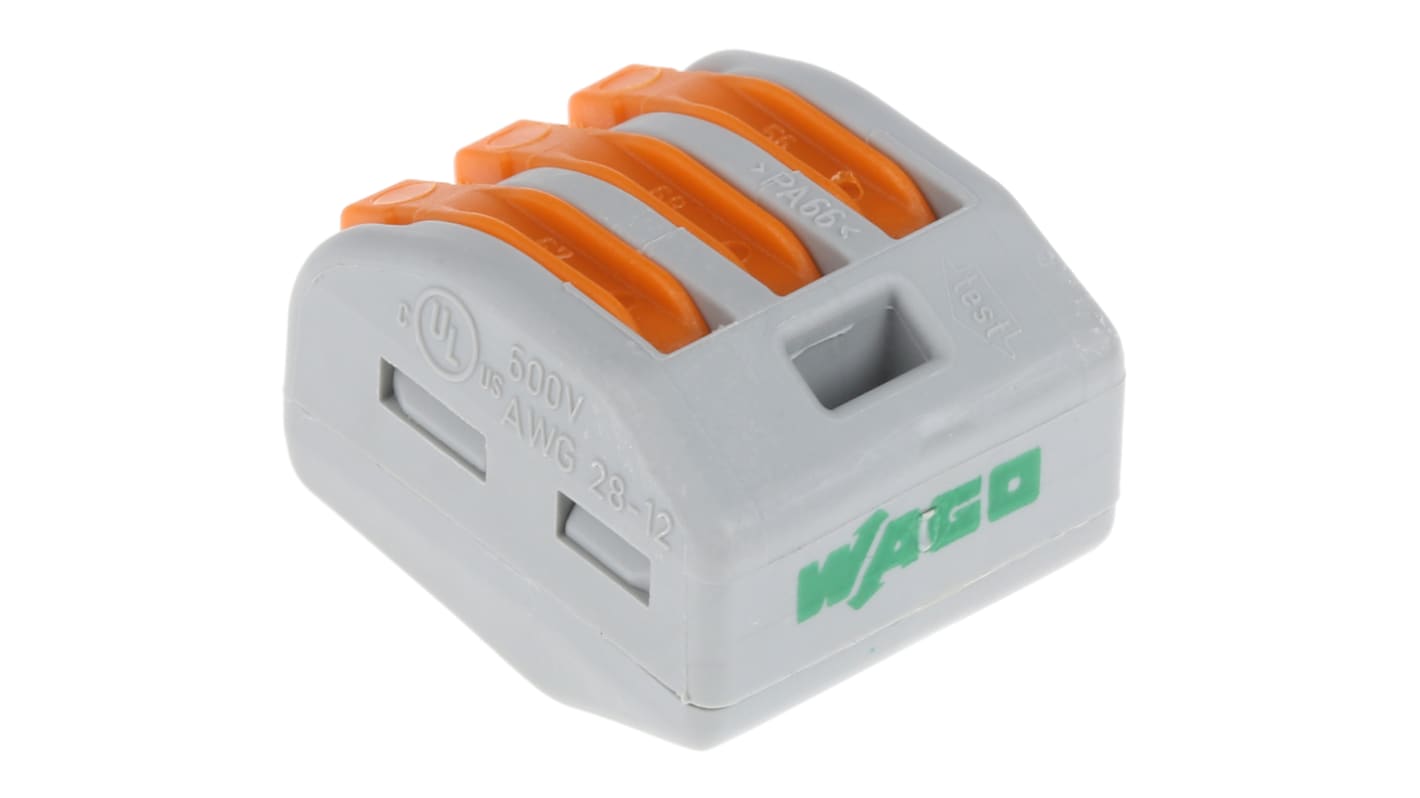 Borne de conexión de palanca Hembra Wago 222 de 3 vías, para cable de 28 → 12 AWG, 32A, 400 V, Abrazadera de