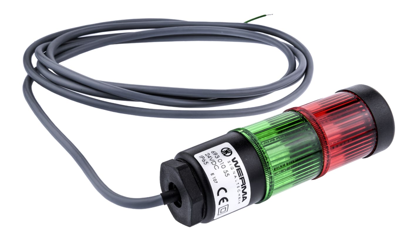 Werma Kompakt Series Red/Green Signal Tower, 2 Lights, 24 V dc, Surface Mount, Tube, Wall Mount