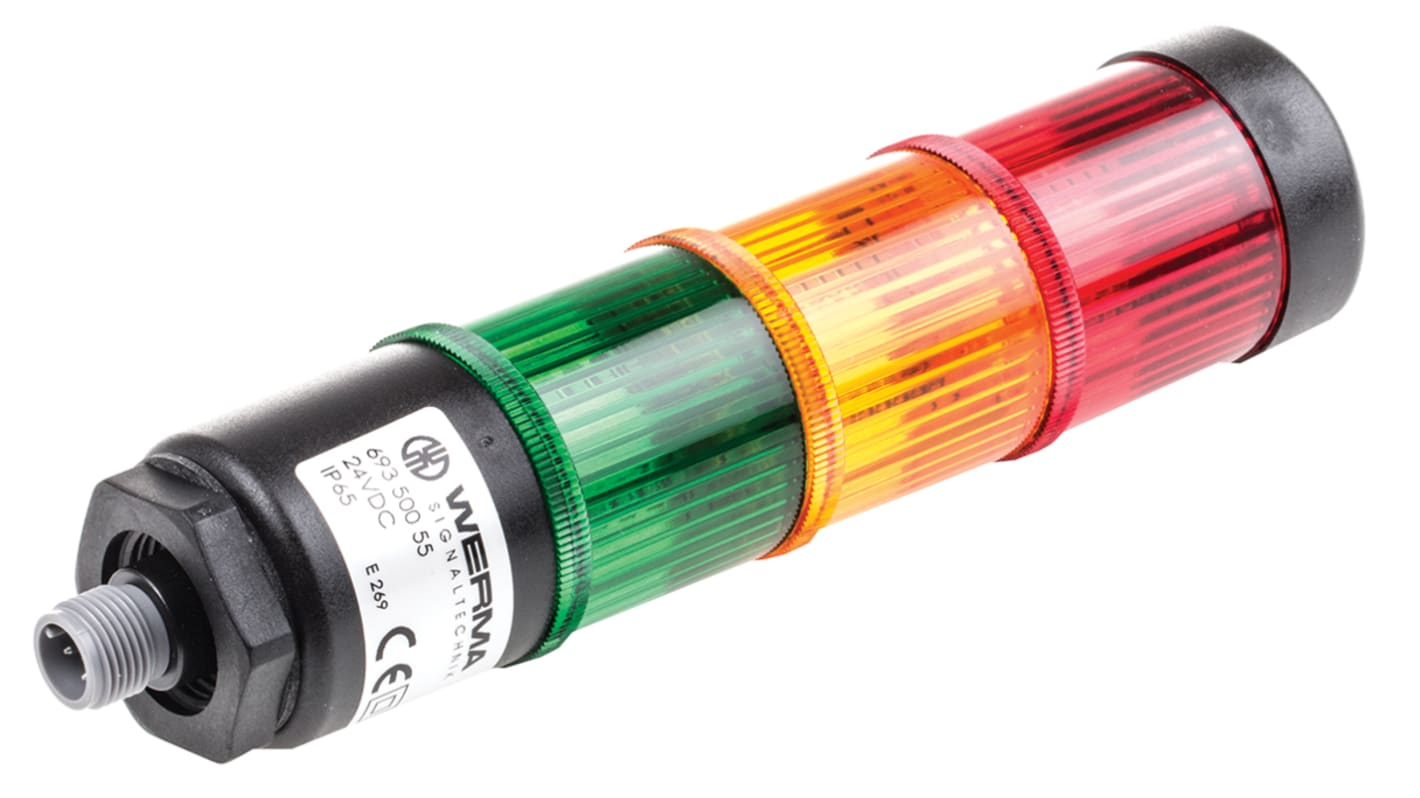 Torretta di segnalazione Werma, 24 V c.c., LED, 3 elementi, lenti Rosso/Giallo/Verde