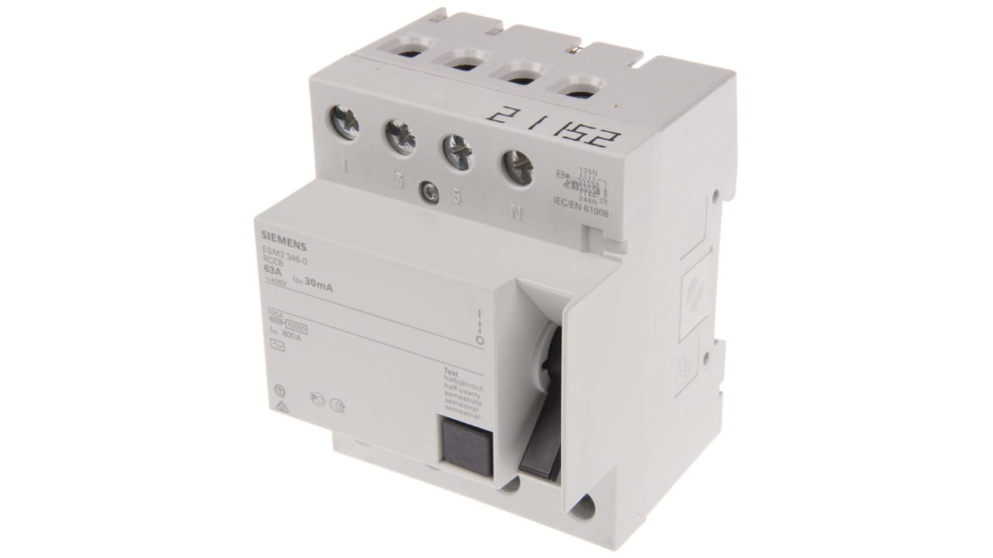 Siemens 5SM3 FI-Schutzschalter, 3+N-polig, 63A, 30mA Typ AC Sentron 400V