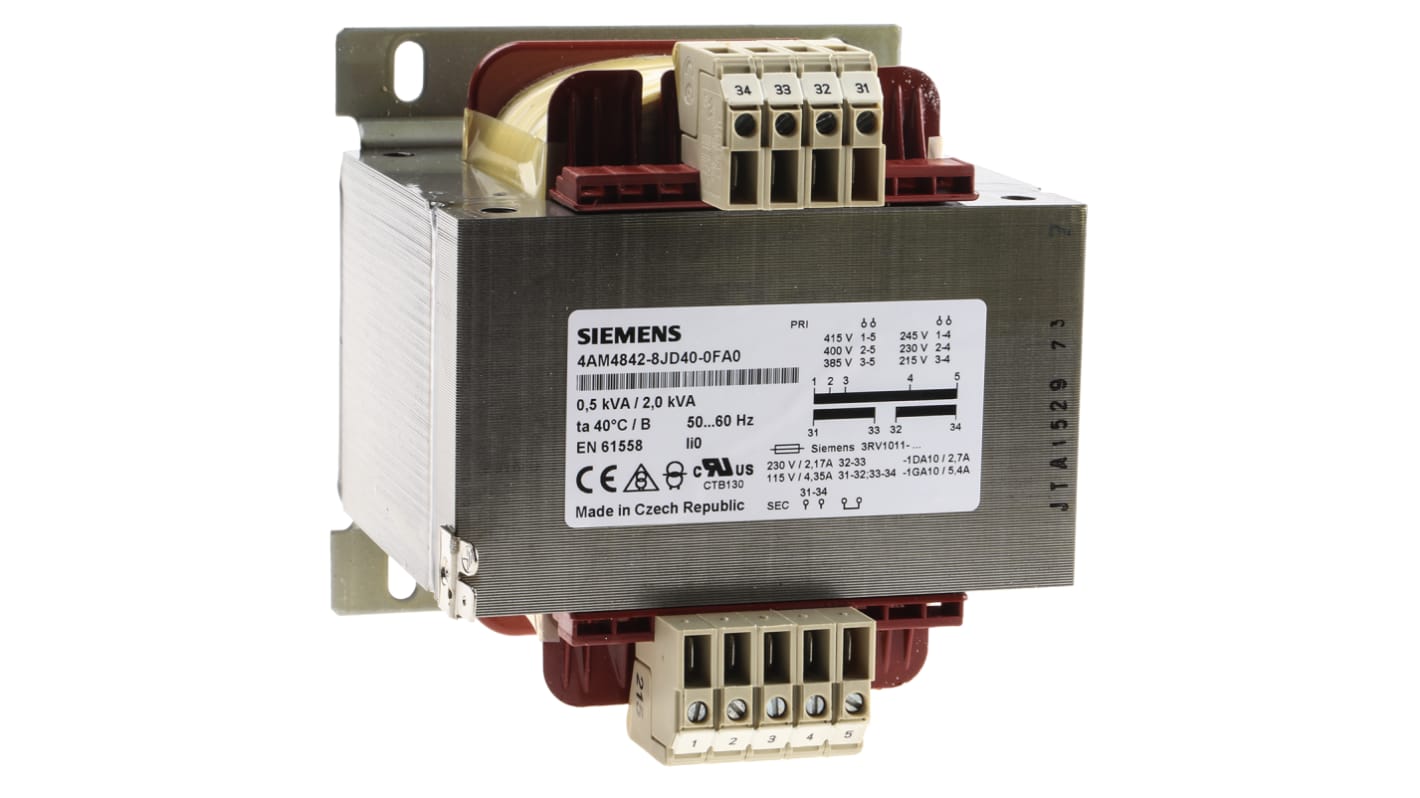 Siemens 0.5kVA DIN Rail Transformer, CE, 230V ac Primary, 2 x 115V Secondary