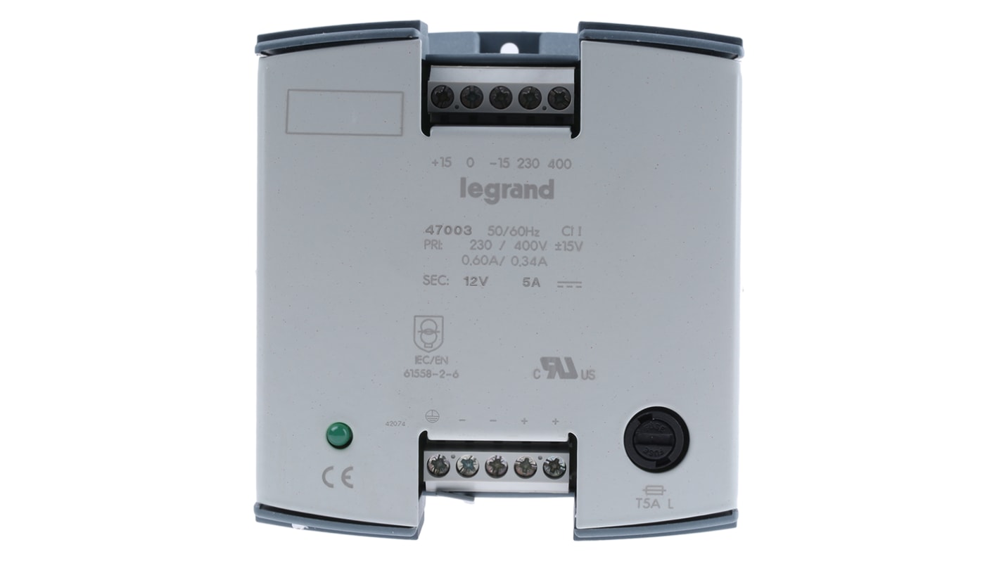 Legrand Linear DIN Rail Power Supply, 230V ac ac Input, 12V dc dc Output, 5A Output, 60W