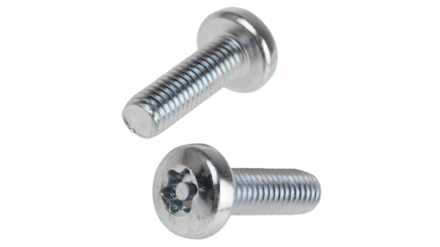 RS PRO Bright Zinc Plated Pan Steel Tamper Proof Security Screw, M6 x 20mm