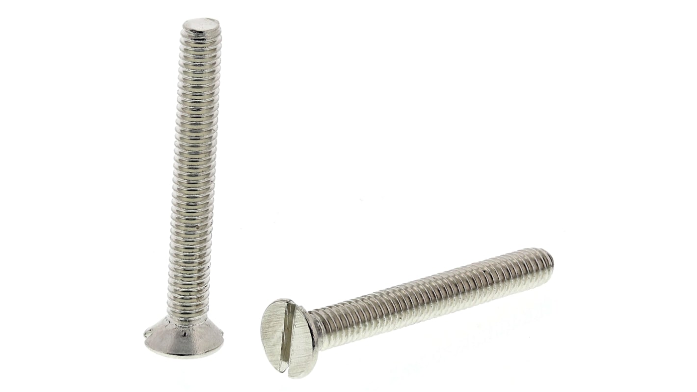 Tornillo de cabeza avellanada con huella ranurada RS PRO M2.5 x 20mm, paso de rosca 0.45mm, de Latón chapado en níquel