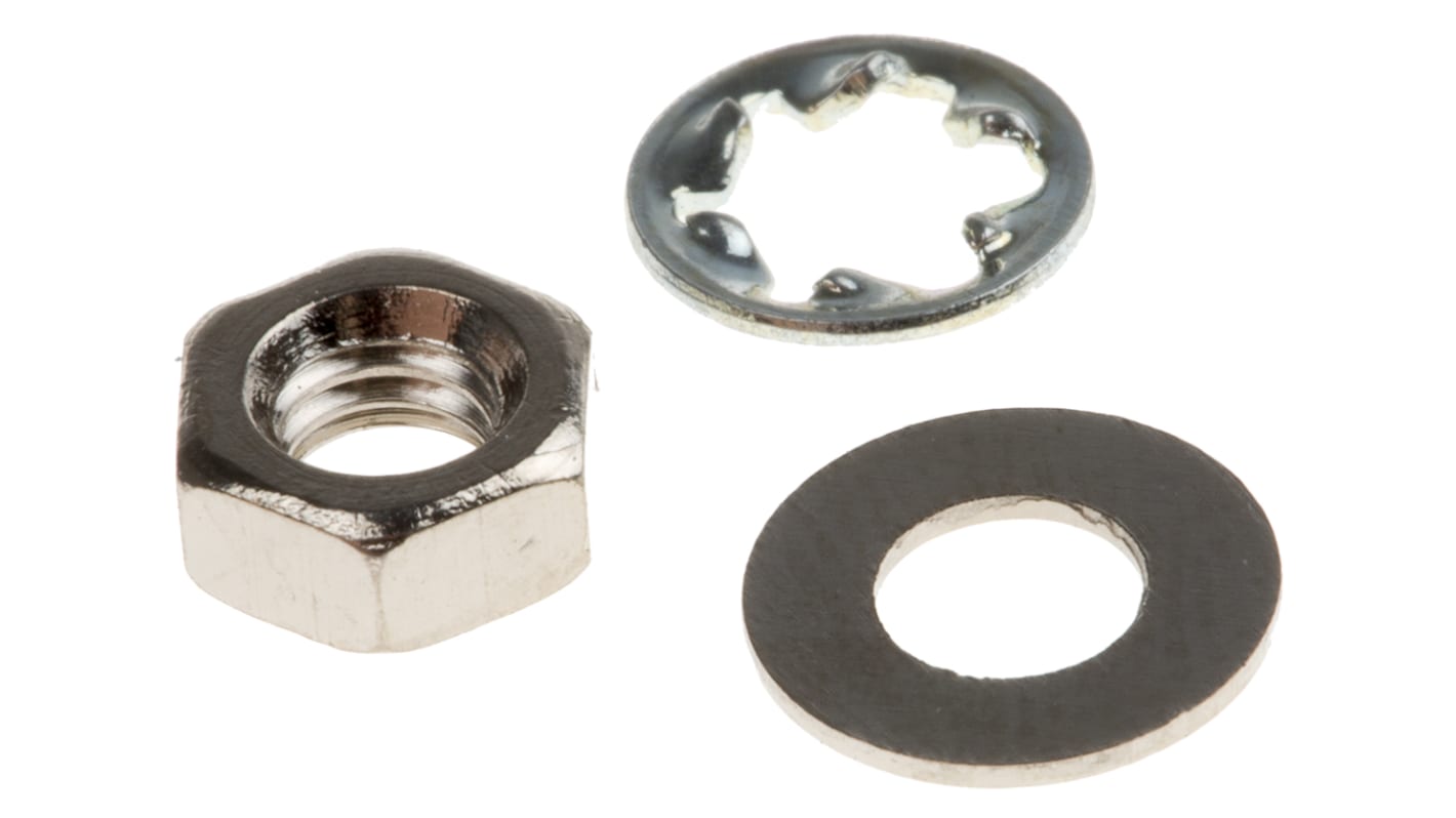 RS PRO Brass, Steel Hex Full Nut and Washers with Internal Tooth, Plain, 400 Pieces RS