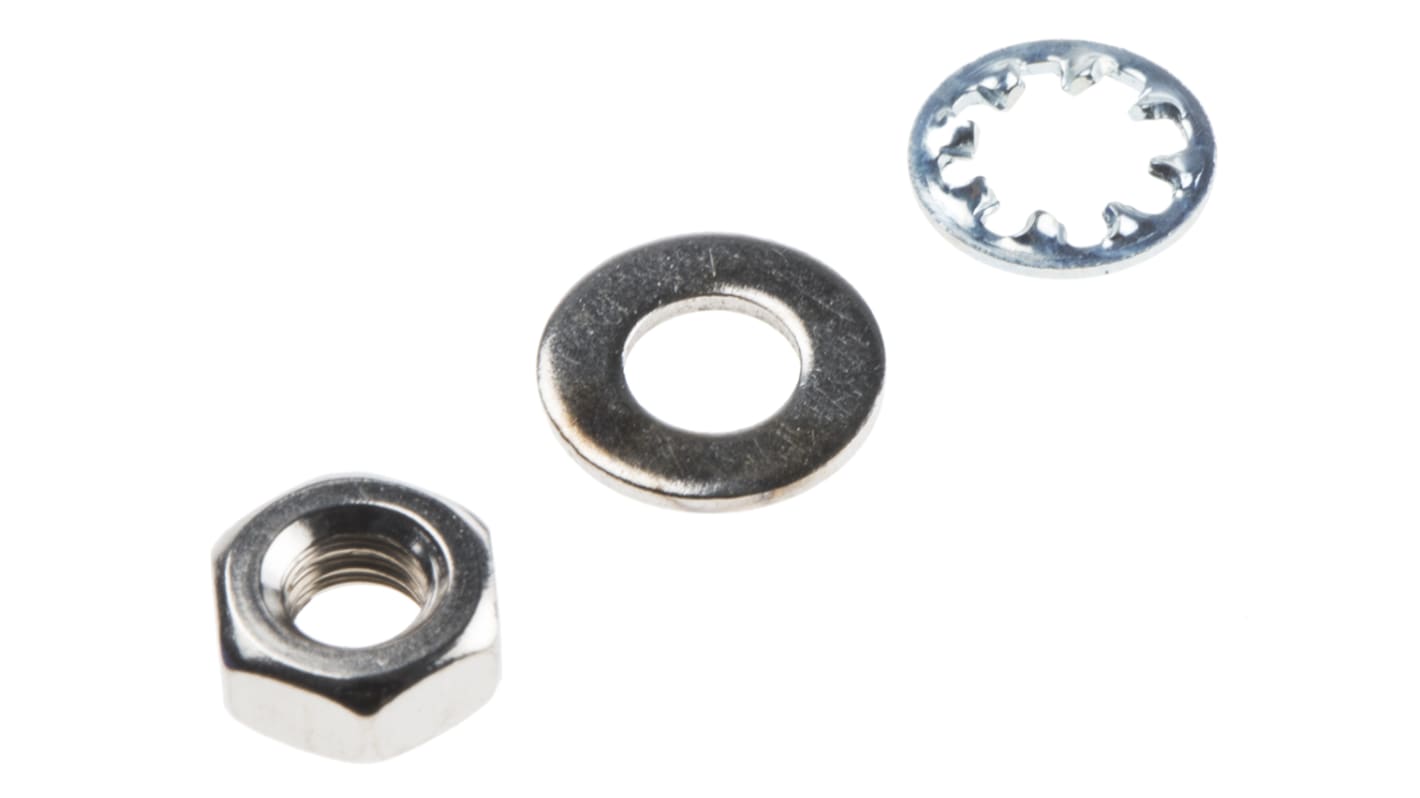 RS PRO Brass, Steel Hex Full Nut and Washers with Internal Tooth, Plain