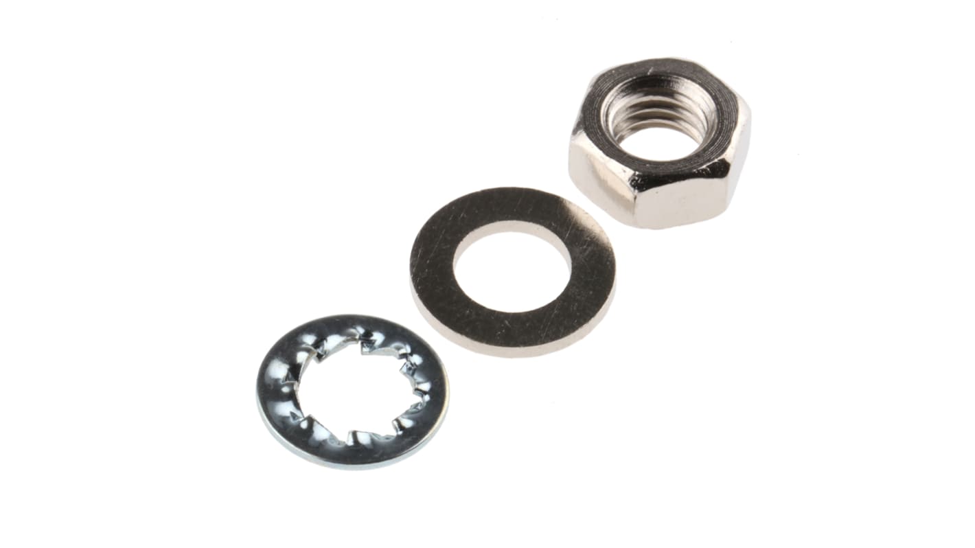 RS PRO Brass, Steel Hex Full Nut and Washers with Internal Tooth, Plain, 200 Pieces RS